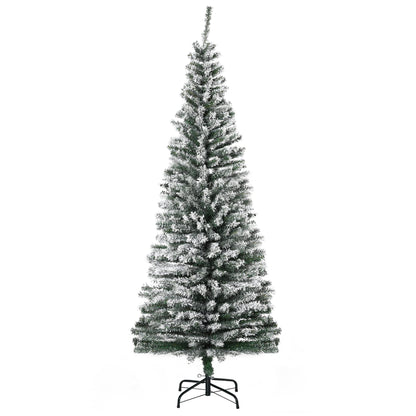 HOMOM 6ft Flocked Christmas Tree, Pencil Artificial Xmas Tree with Faux Snow, Dense Branches, Foldable Metal Base for Indoor Holiday Decor