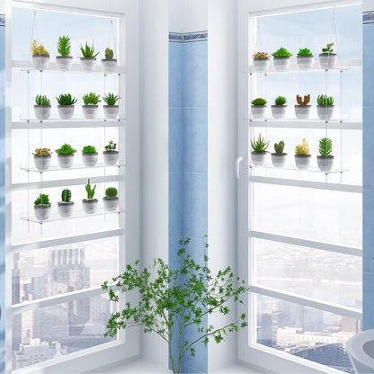 OtNiap 4-TierClear 16 Inch Plant Shelves, Height Adjustable Hanging Acrylic Indoor Wall Hanging Plant Stand Flower