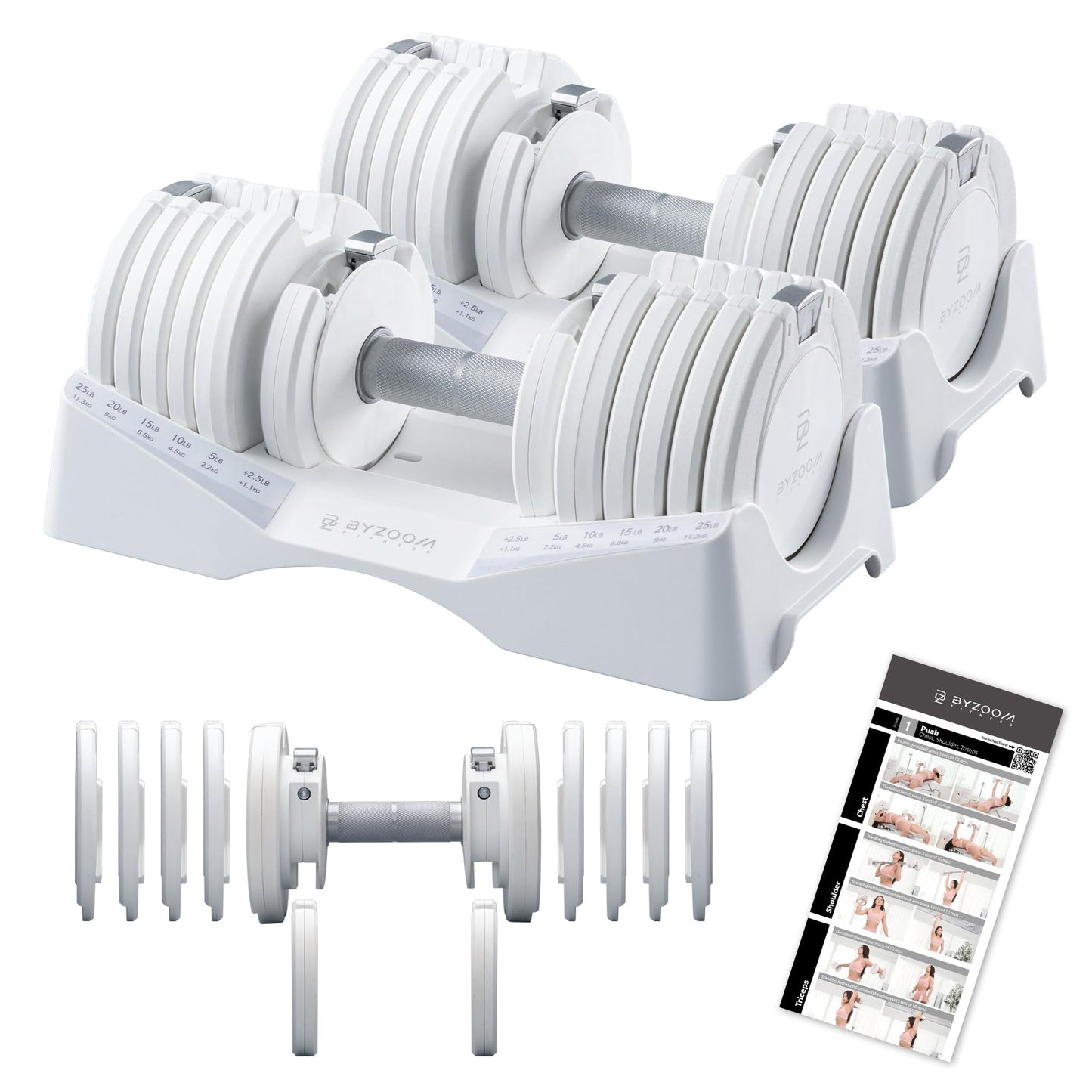 BYZOOM FITNESS Pure Series Adjustable Dumbbell 27.5LB Pair Set of 2 - 10-in-1 Adjustable Weights with Precision Micro Plates, for Strength Training & Fitness Workouts at Home Gym, Garage Gym, Small Apartments, White