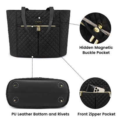 LOVEVOOK Laptop Bag for Women 15.6 inch,Diamond Quilted Work Tote Bags Womens Laptop Tote Computer Shoulder Bags,Stylish Travel Tote Bags Laptop Purse Case Briefcase Handbag with Clutch Bag,Black