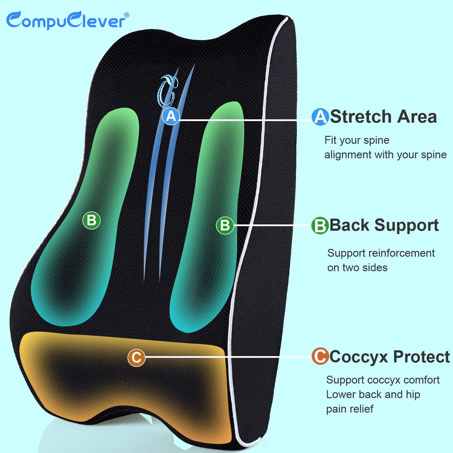 Lumbar Support Pillow for Office Chair & Car, Ergonomic Back Support Memory Foam Back Cushion with 3D Washable Cover, Relieves Back Pain for Driving, Gaming, Truck, Recliner
