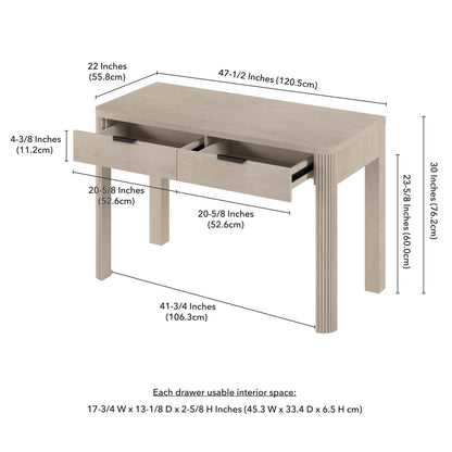 Henn&Hart 48" Fluted Modern Rectangular Wooden Home Office Desk Computer Desk Writing Table with Ribbed Legs and 2 Storage Drawers for Bedroom, Living Room, or Home Office, Beech White