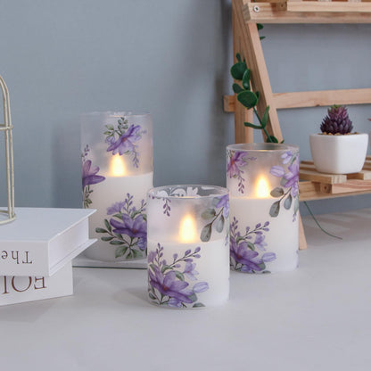 Mavandes Flameless Flickering Glass Candles with Remote and Timer,Purple Flowers LED Battery Operated Real Wax Set of 3 Realistic Wick Electric Pillar Candles,Warm Fire(3 x 4, 5, 6 Inches)