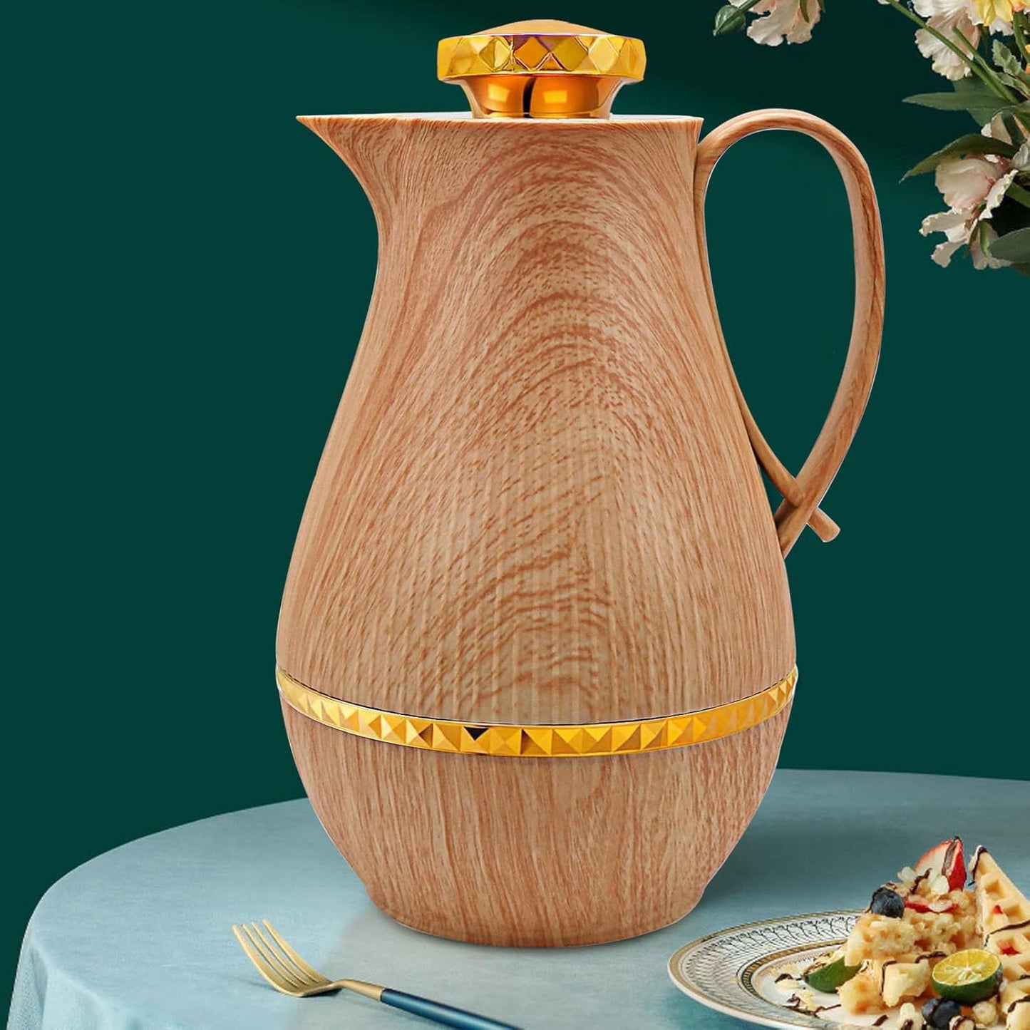Insulated Thermal Coffee Carafe, 33 oz, Arabic-Style Thermos Flask, Coffee Tea Pot for Hot Cold Water, Wood Color