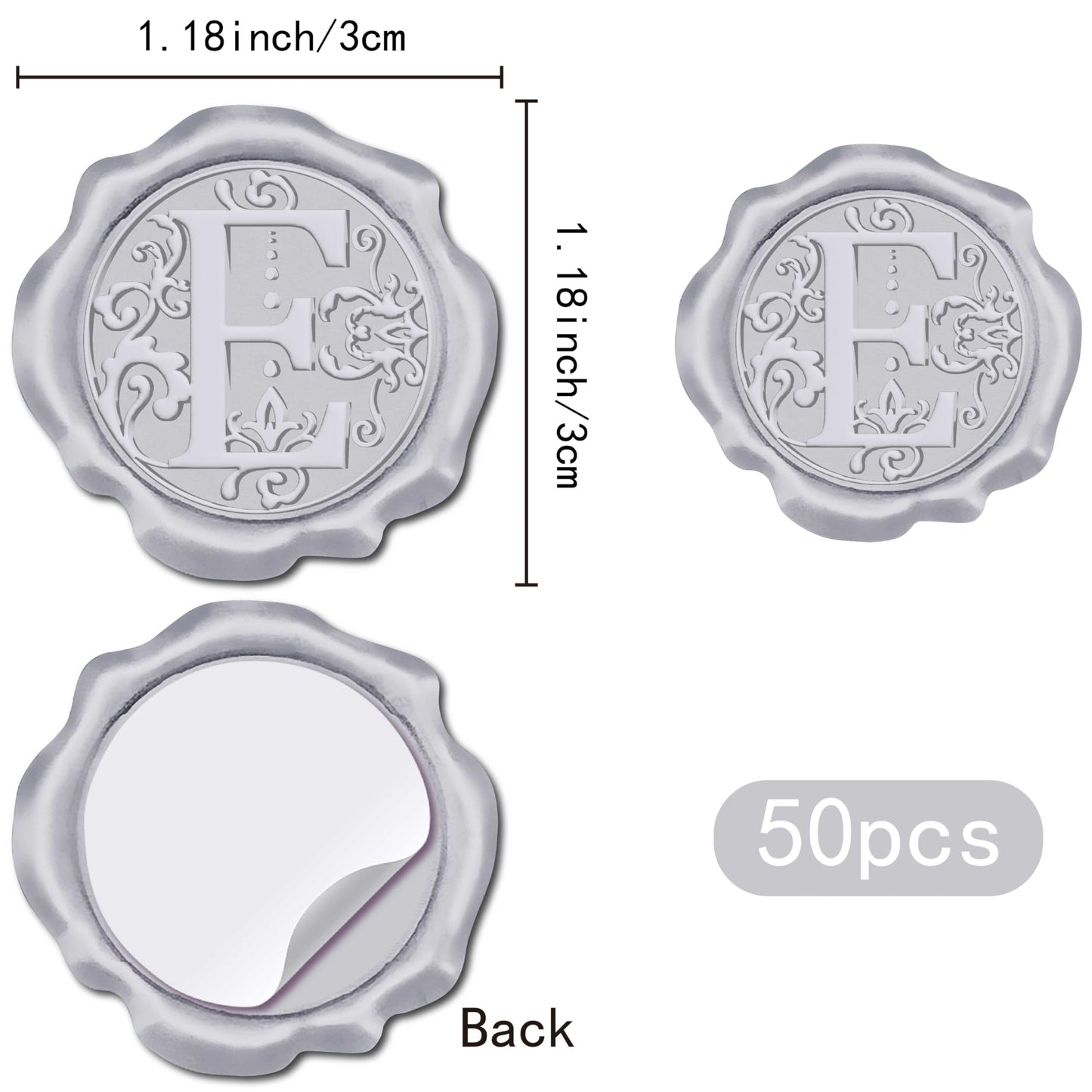 CRASPIRE 50Pcs Silver Letter E Wax Seal Stickers Self-Adhesive for Invitations, Envelopes, Cards & More