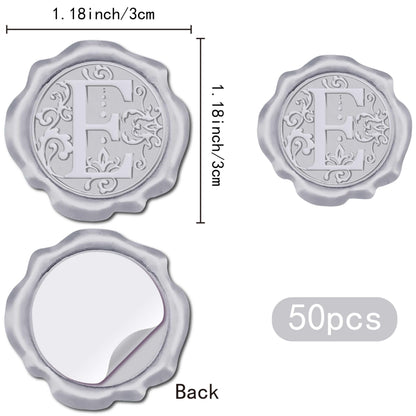 CRASPIRE 50Pcs Silver Letter E Wax Seal Stickers Self-Adhesive for Invitations, Envelopes, Cards & More