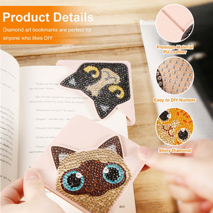 SAVITA 8pcs Diamond Artistic Painting Corner Bookmarks, PU Leather Triangle Bookmark 5D Diamond Aesthetic Painting Bookmarks Kit DIY Diamond Art Bookmarks for Book lover Art Craft Making (Cat Pattern)