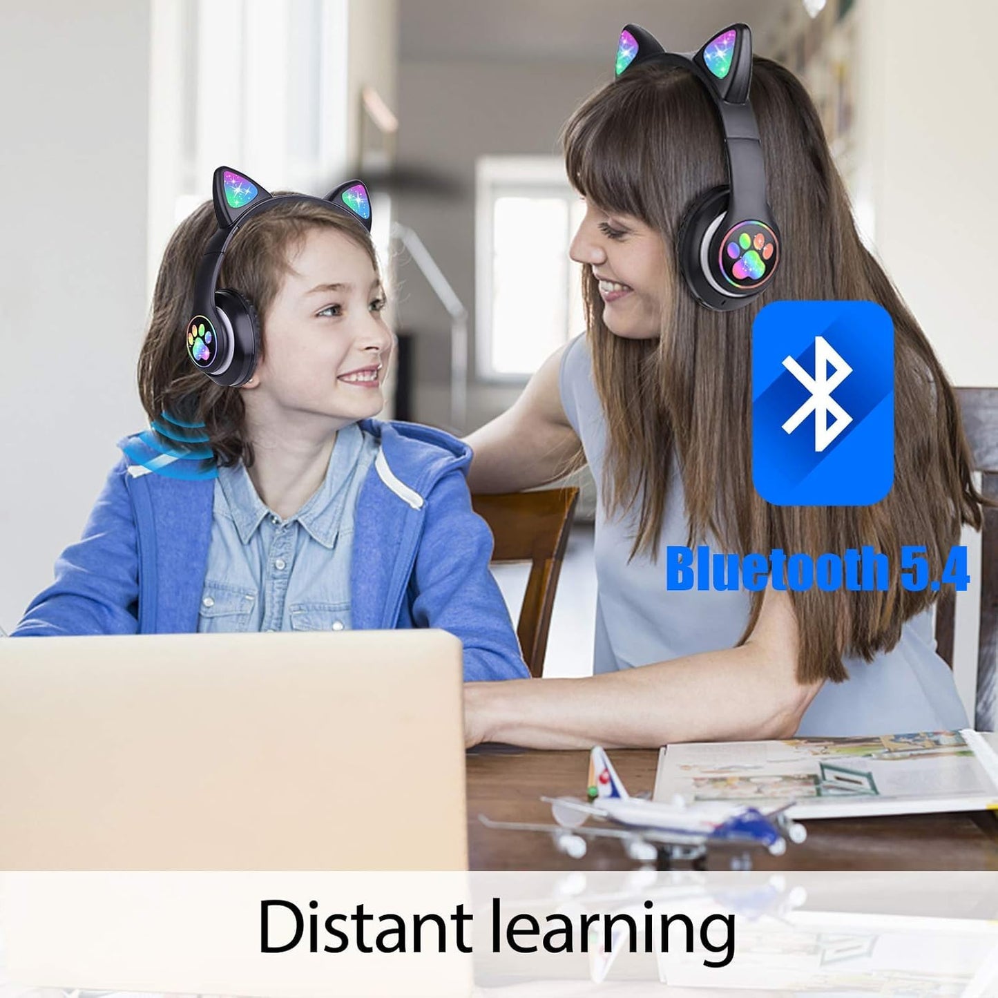 TCJJ Kids Wireless Headphones - Cat Ear LED Light Up, Bluetooth 5.4, Safe Volume Limit, Noise Cancelling with Mic & TF Card for Girls Boys Toddlers School (Black)