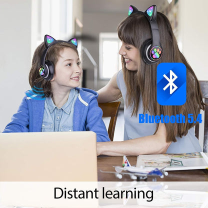 TCJJ Kids Wireless Headphones - Cat Ear LED Light Up, Bluetooth 5.4, Safe Volume Limit, Noise Cancelling with Mic & TF Card for Girls Boys Toddlers School (Black)