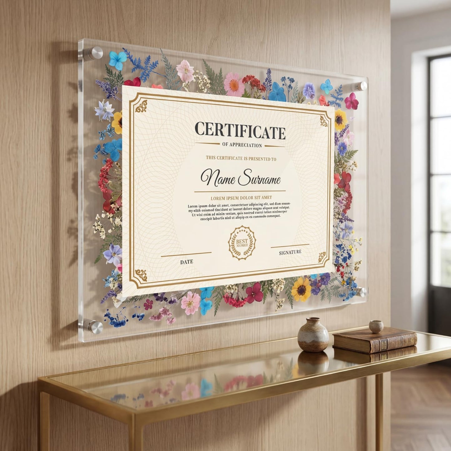 AmazingSpark 1 Set Pressed Flower Diploma Frame Floating Frameless Clear Acrylic Wall Mount Picture Frame, 24 Nano Strip 6 Color Pressed Flower for Certificate Degree Artwork (11x14'',Colorful)