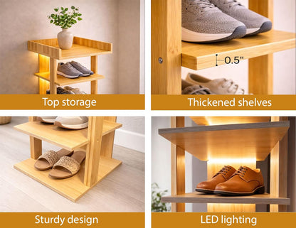 Generic 6 Closet, 7-12 Tier Wooden Freestanding Shoe Rack with LED Ambient Lighting, Slim Narrow Vertical Shoe