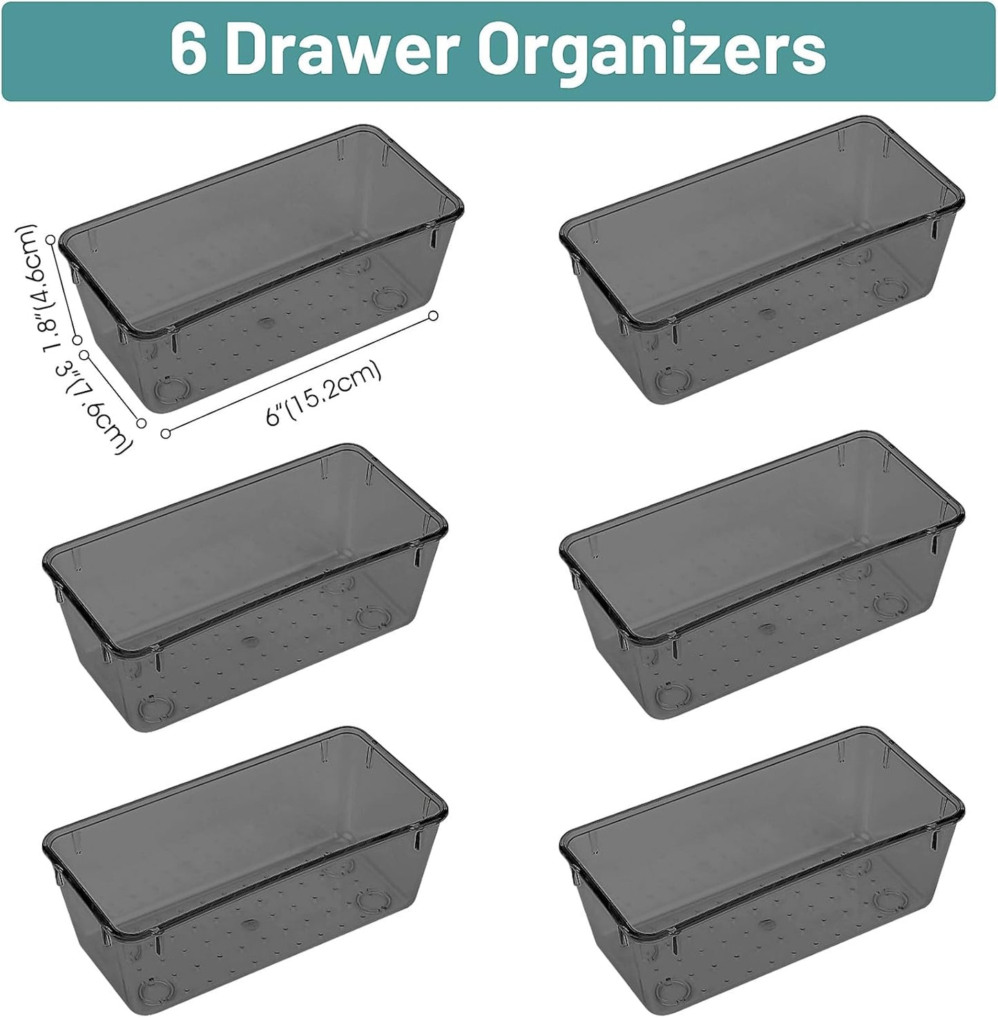 WOWBOX 6 PCS Clear Plastic Drawer Organizer Set, Desk Drawer Divider Organizers for Makeup, Jewelry, Gadgets, Black