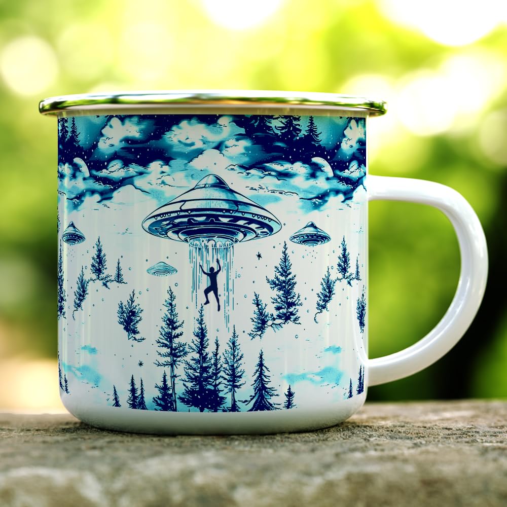 UFO Alien Abduction Enamel Camp Mug, Outdoor Camping Campfire Coffee Cup (12oz)
