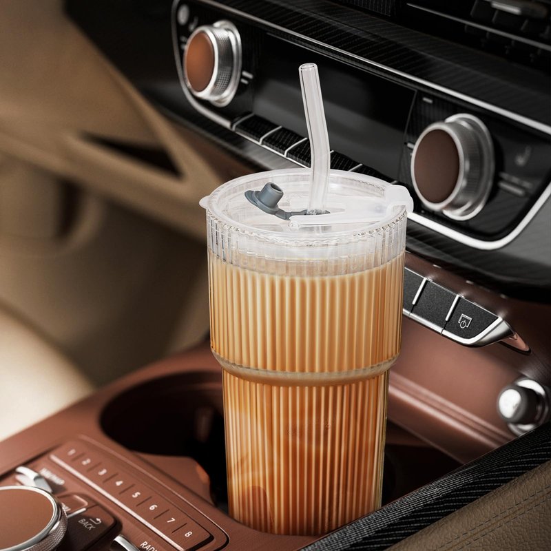 2 Pack 20 Oz Glass Cups with Lids and Straws Iced Coffee Cups Vintage Ribbed Glassware for Beer Ice Coffee Fruit Juice Elegant Aesthetic Cup Glass Iced Coffee Tumbler Include 1 Cleaning Brushes