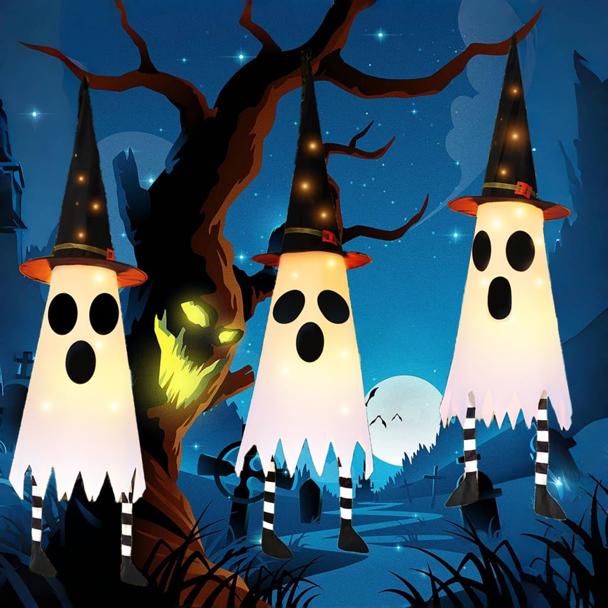 FENELY 3 Packs 38" Halloween Hanging Lighted Glowing Ghosts with Witch Hat and Foot, Outdoor Indoor Decorations for Home Party Yard Patio Garden Tree