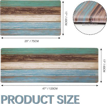 MAYHMYO Kitchen Rugs and Mats Set of 2 Teal Farmhouse Anti Fatigue Mat PVC Non Slip Retro Rustic Wood Texture Kitchen Mats for Floor,17.3 x 29 x 0.4 inch + 17.3 x 47 x 0.4 inch