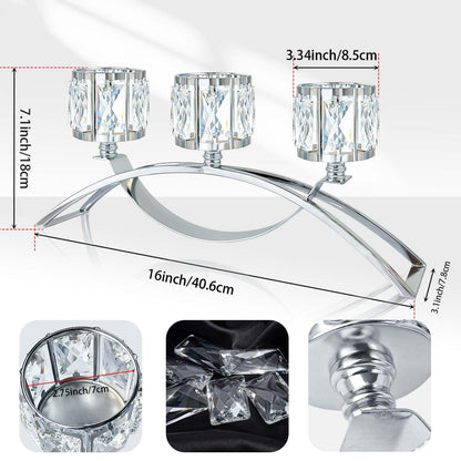 KEHAIL 3 Arms Crystal Candle Holders, Arch Candlestick Table Candelabras Centerpieces for Wedding, Dinning Room, Cabinet Ornaments, Home Decoration， Gift (Silver, 2 Pcs-3 Arm Arched)