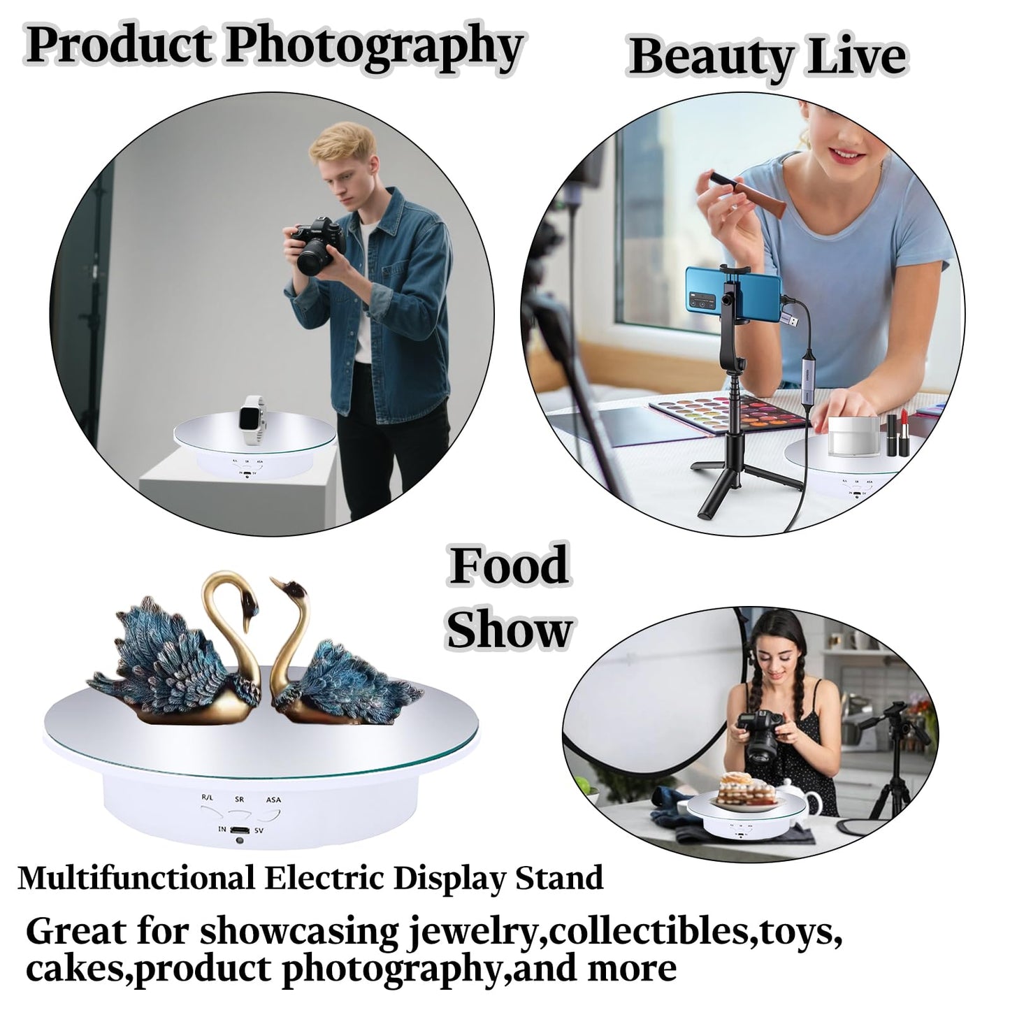 JAYEGT Motorized Rotating Display Stand, 7.87inch /17.6lbs Load, 360 Degree Electric Rotating Turntable for Photography Products, Jewelry，5 Colors Backgrounds, Mirror Cover (White/Remote Control)