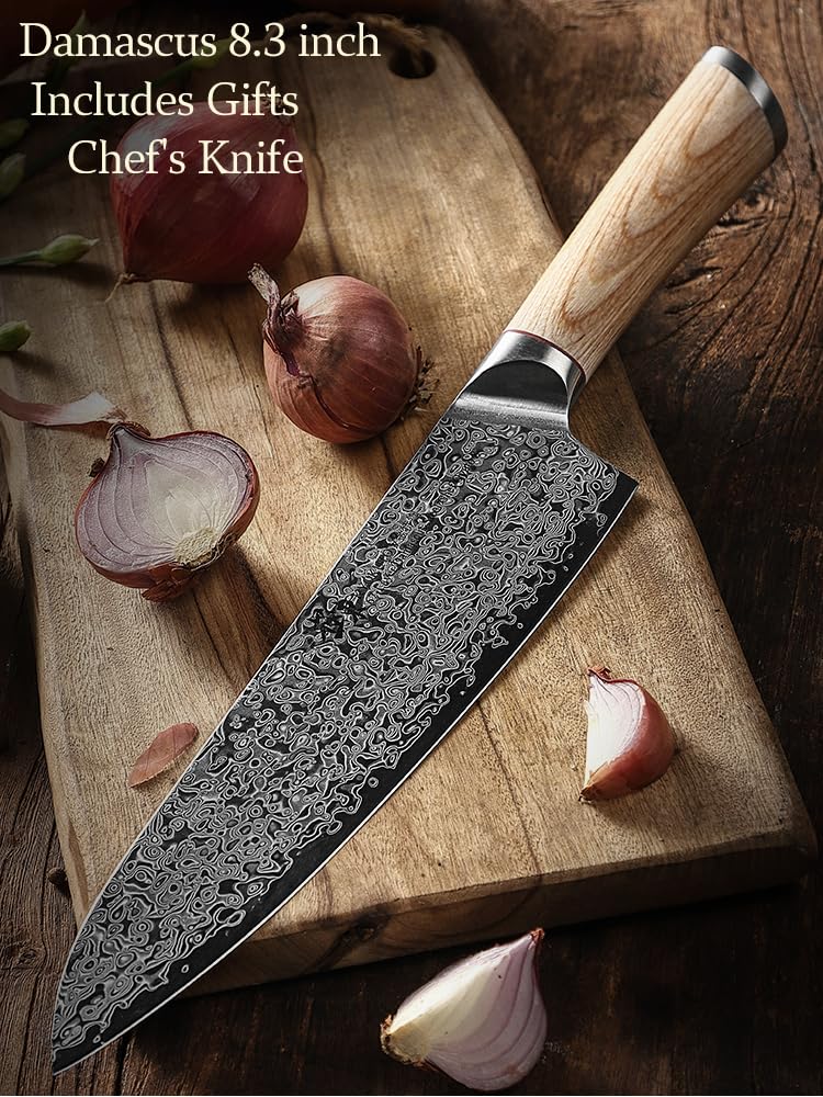 DONGSUN 8 Inch Damascus Chef Knife with North American Black Walnut Sheath, 67-Layer VG10 Forged Steel Japanese Gyuto, Professional Durable Sharpness