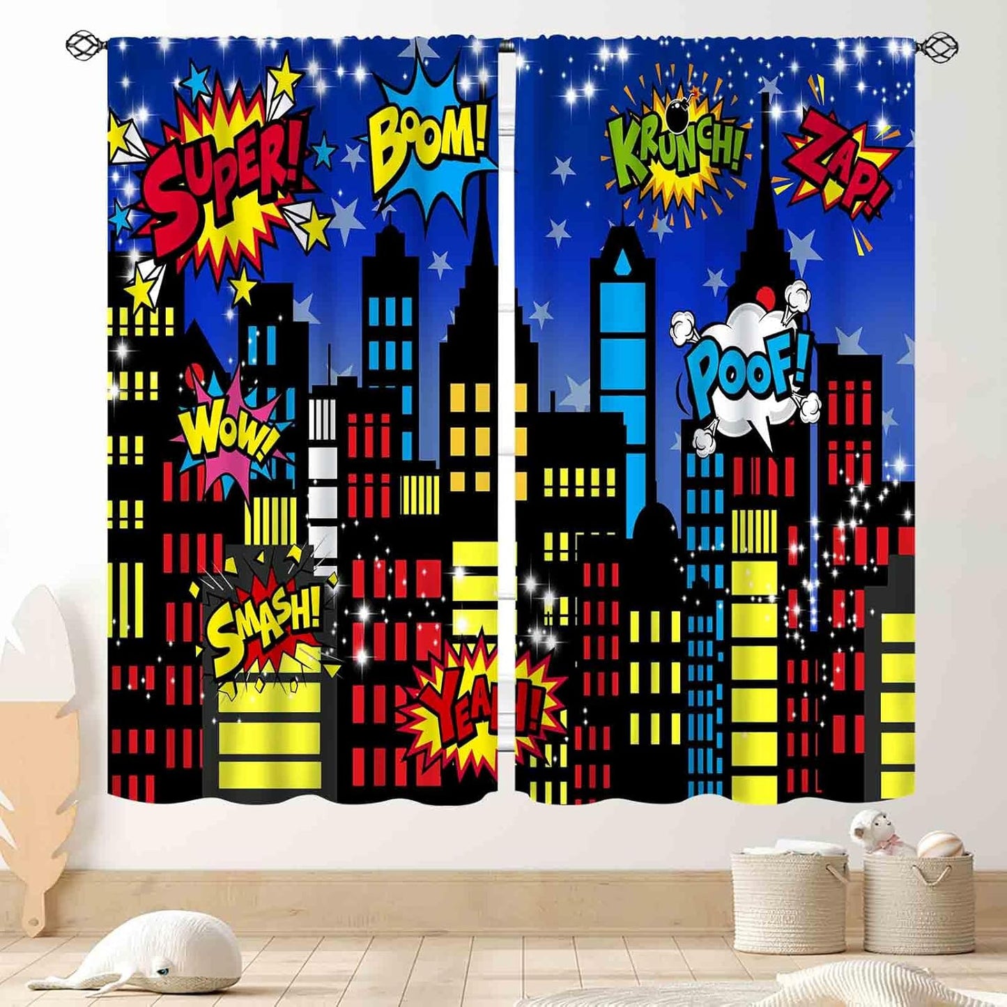 TKUYO 2 Sets, 42"x63" Inch Superhero City Curtains, Comic Night Starry Skyline Cityscape Buildings Comic Blackout