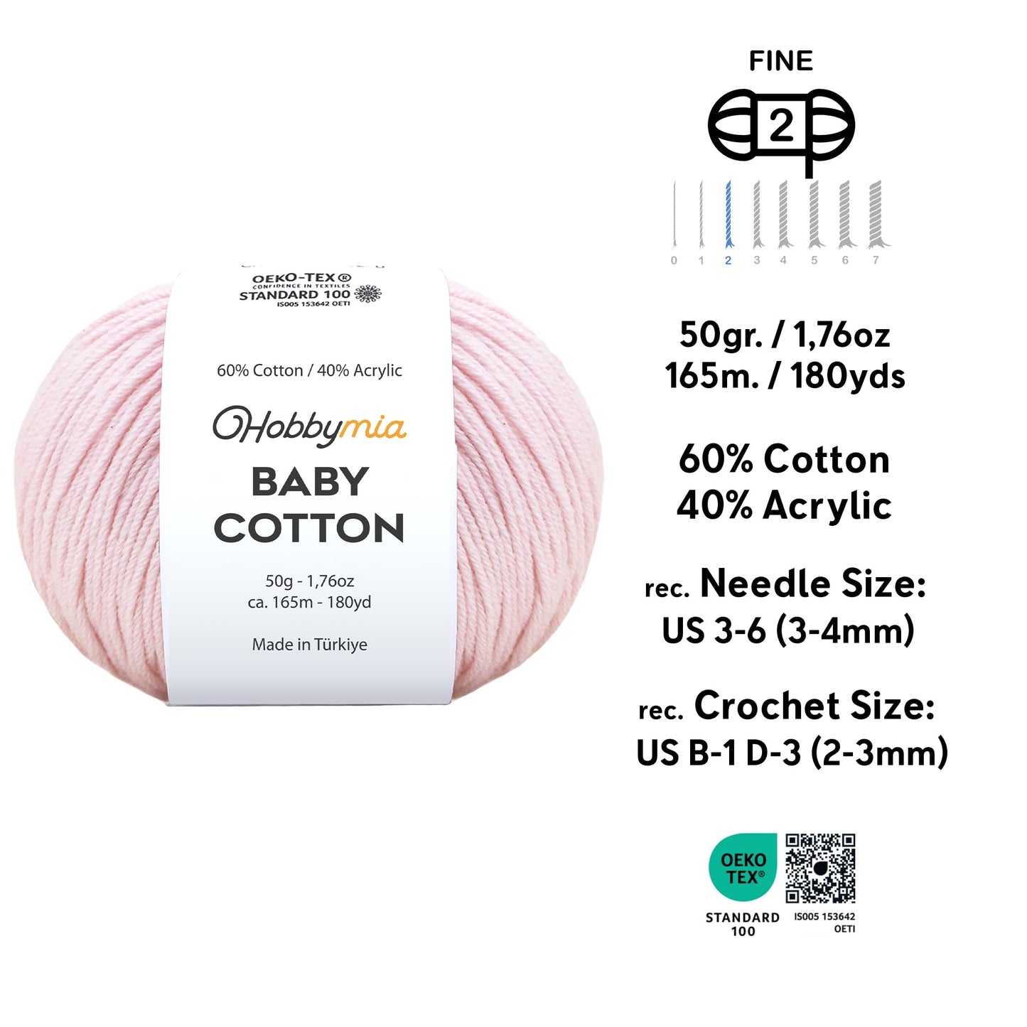 HobbyMia Baby Cotton Blend Yarn – Soft Sport Weight Yarn for Crochet & Amigurumi - 50g/180yds - 60% Cotton 40% Acrylic - Ideal for Baby & Knitting Proj. & 10 Stitch Markers(Light Pink, 4 Balls)