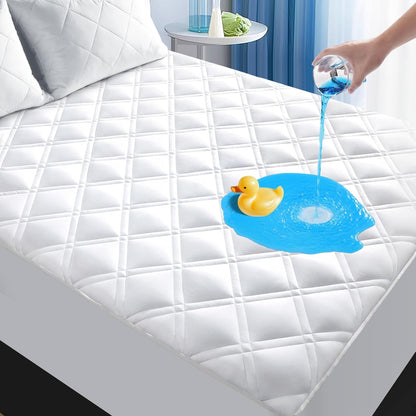 MEELUS Queen Mattress Protector - Breathable Waterproof Fitted Pad Cover | Soft, Noiseless & Washable, White