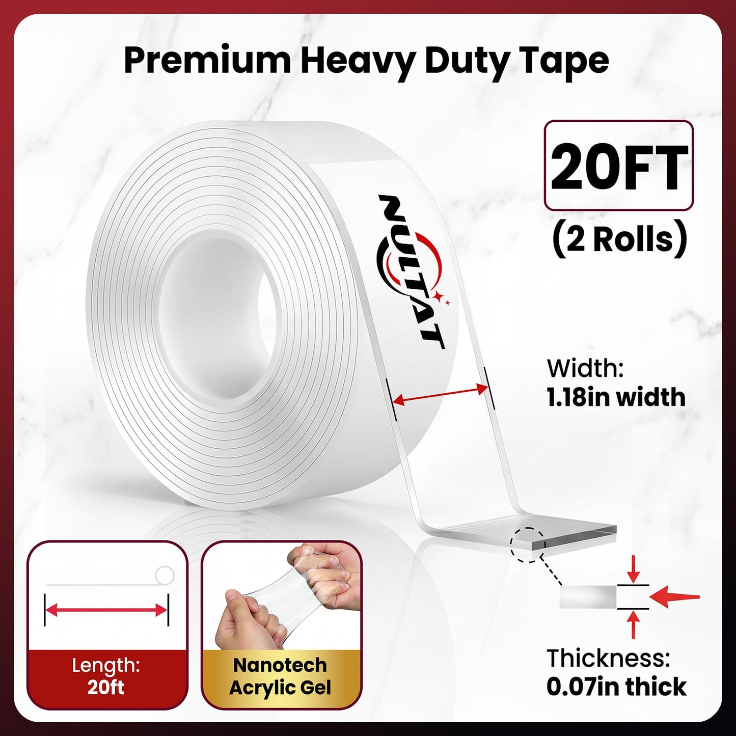 NULTAT Double Sided Tape Heavy Duty, Nano Reusable, Removable, Washable Double Stick Tape for Wall, Multipurpose Clear Adhesive High Temperature Tape 1.18" x 120" (20 Feet)