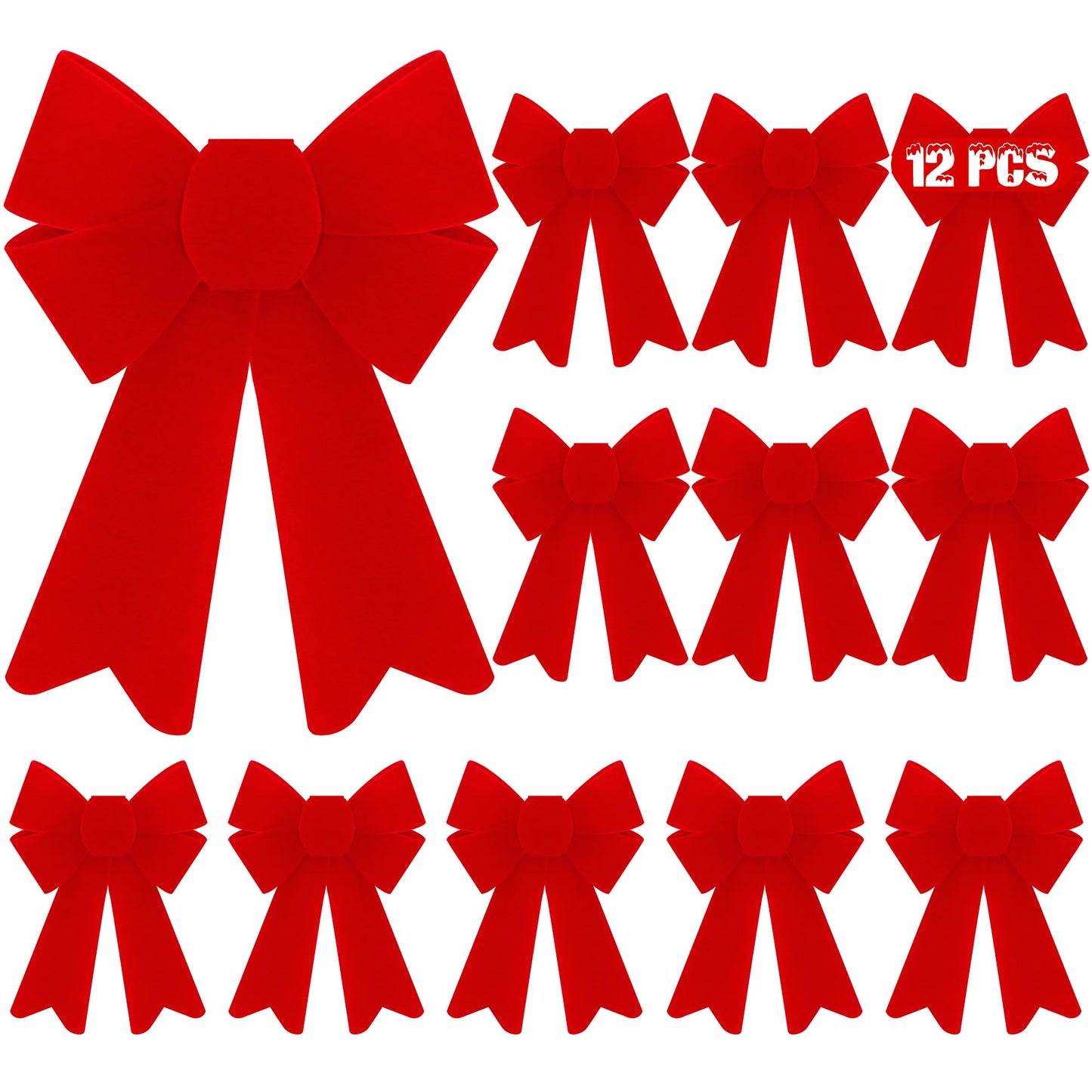 Heartome 12 PCS Christmas Bows, PVC Christmas Tree Bows 5 x 8 Inches, Red Velvet Bows for Hanging Red Xmas Outdoor Indoor Large Bows Xmas Decor Party Supplies Wreath Railing Fences