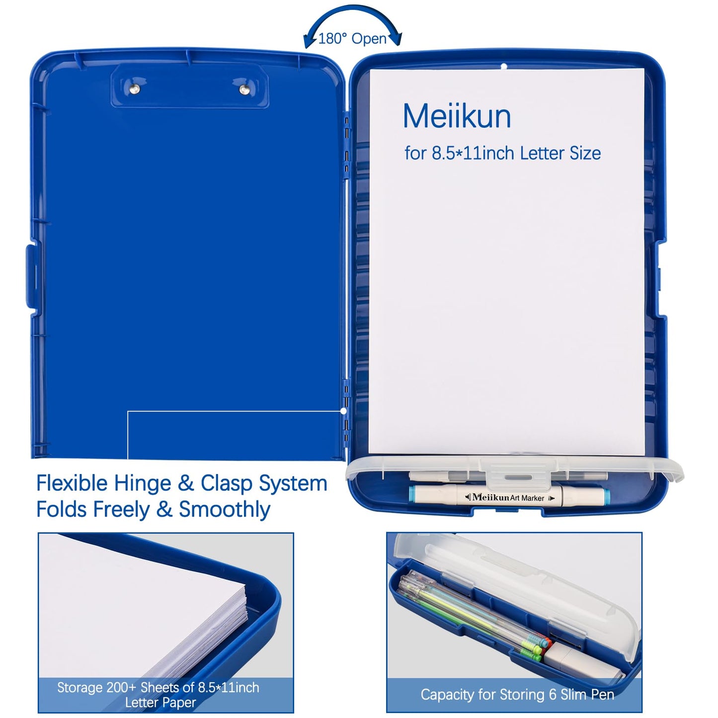 Meiikun Clipboard with Storage, Plastic Clipboards 8.5x11 with Pen Holder, High Capacity Nursing Clipboard Folder, Side Opening Storage Clip Board for Office Work Nurses Teachers (Blue)