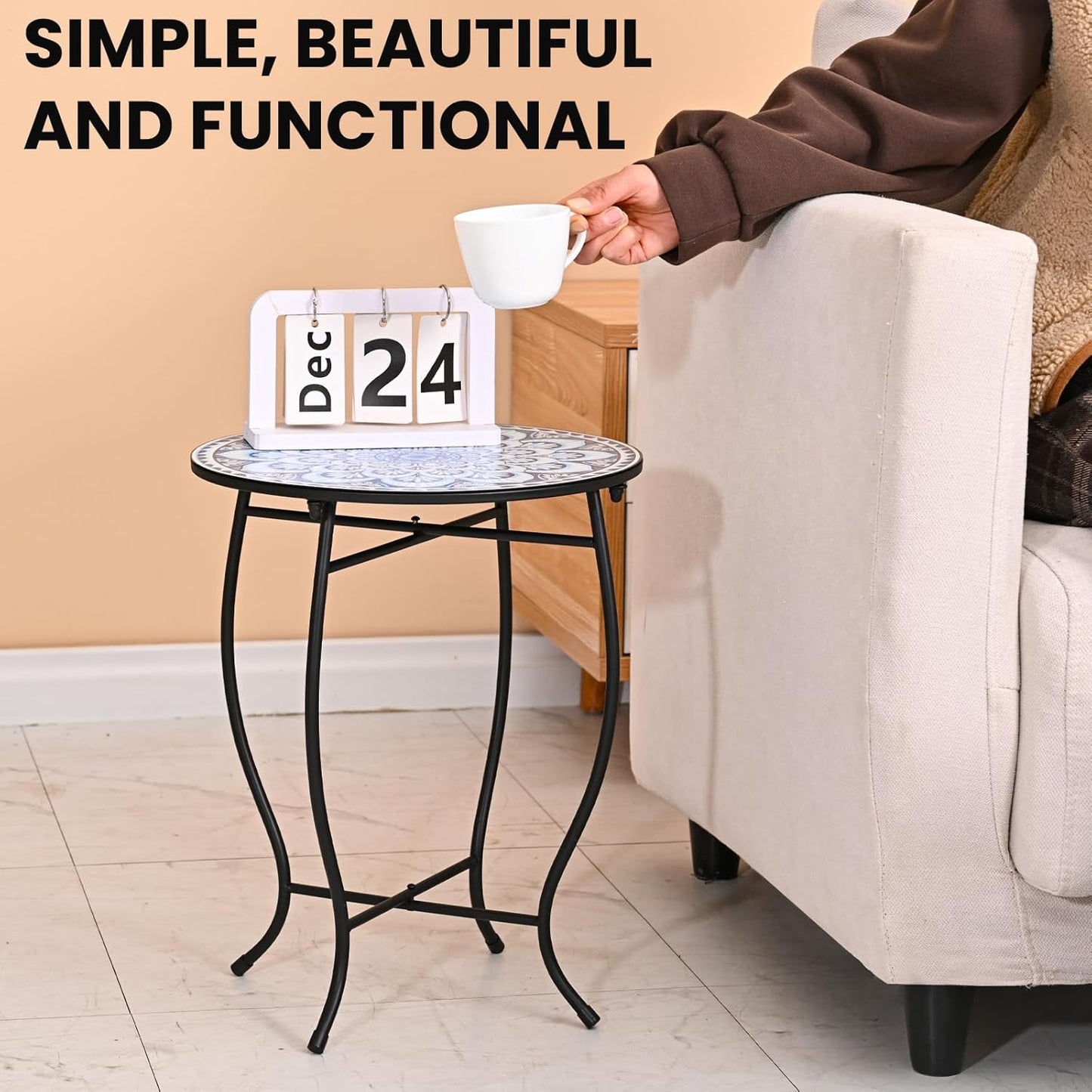 Aonagi 14 17 Round Side Table, Indoor Outdoor Small Side Table, Weather Resistant Black Metal Side Table for Livingroom