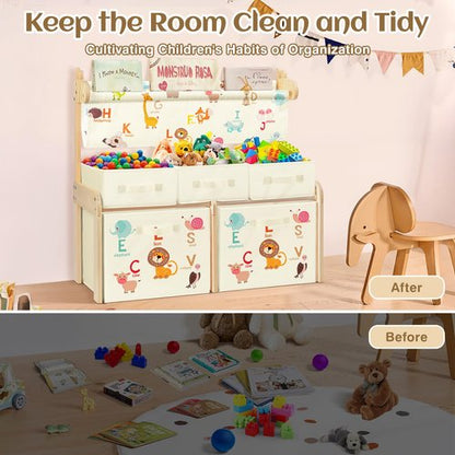 Kids Bookshelf Toy Storage Organizer Wooden Book Shelf with 1 Sling Bookcase and 5 Toy Bins,Toy Box for Boys Girls,3-Tier Nursery Book Shelves for Kids Rooms Bedroom,Playroom,Classroom,Animals