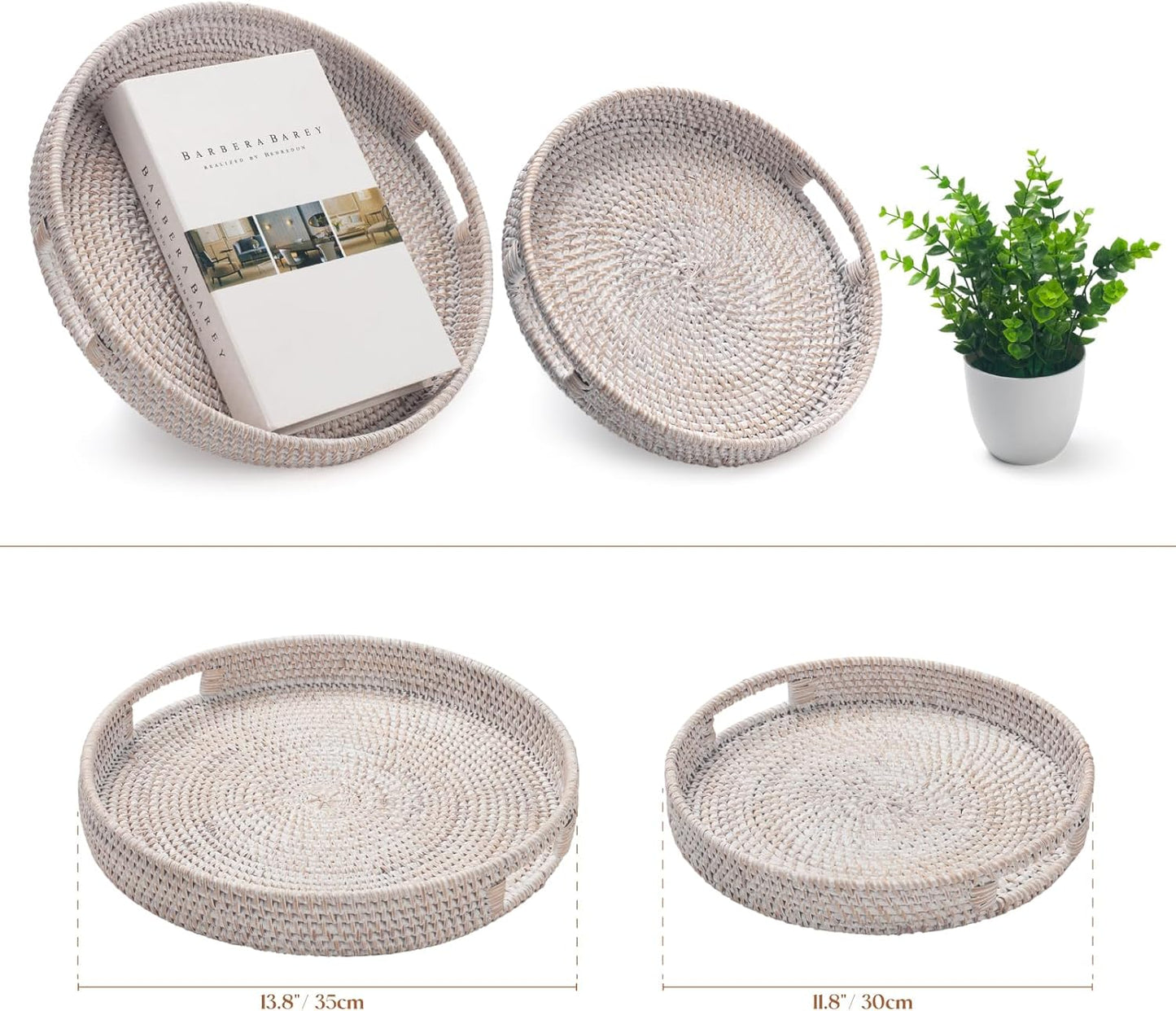 13.8 inch Round Rattan Tray, Decorative Coffee Table Tray, Ottoman Tray, Woven Serving Tray with Handles, Wicker