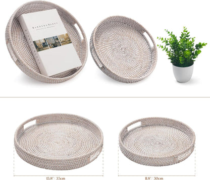 13.8 inch Round Rattan Tray, Decorative Coffee Table Tray, Ottoman Tray, Woven Serving Tray with Handles, Wicker