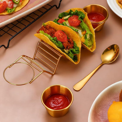 Digead Taco Holder Stand - Holds 3 Tacos with 2 Sauce Cups & Gold Spoon - Premium 304 Stainless Steel Gold-Plated - Heat Resistant & Oven/Dishwasher/Grill Safe