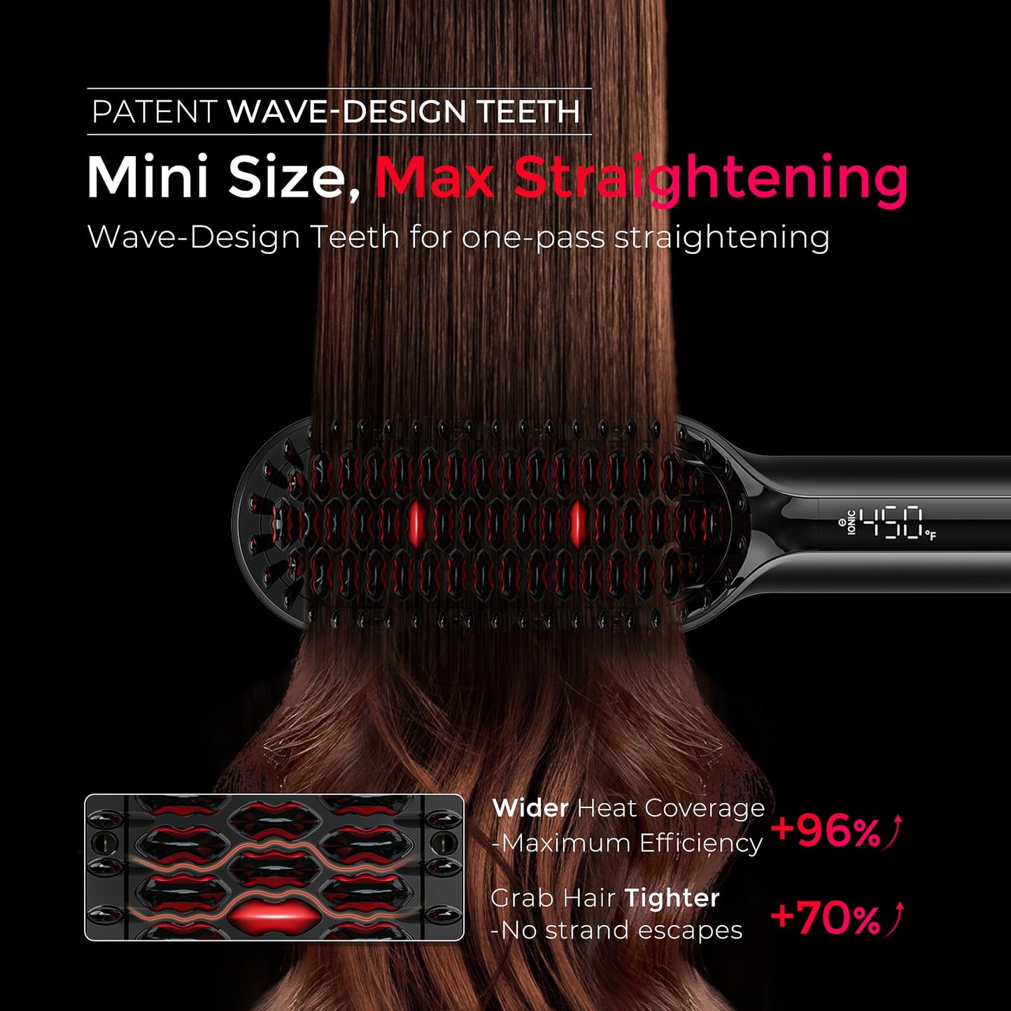 TYMO Hair Straightener Brush - Upgraded Ionic Compact Straightening Brush for Women with Wave-Design Bristles, Fast, Smooth Styling, Lightweight Hot Comb & Travel Flat Iron, 1 Billion Ions, Black