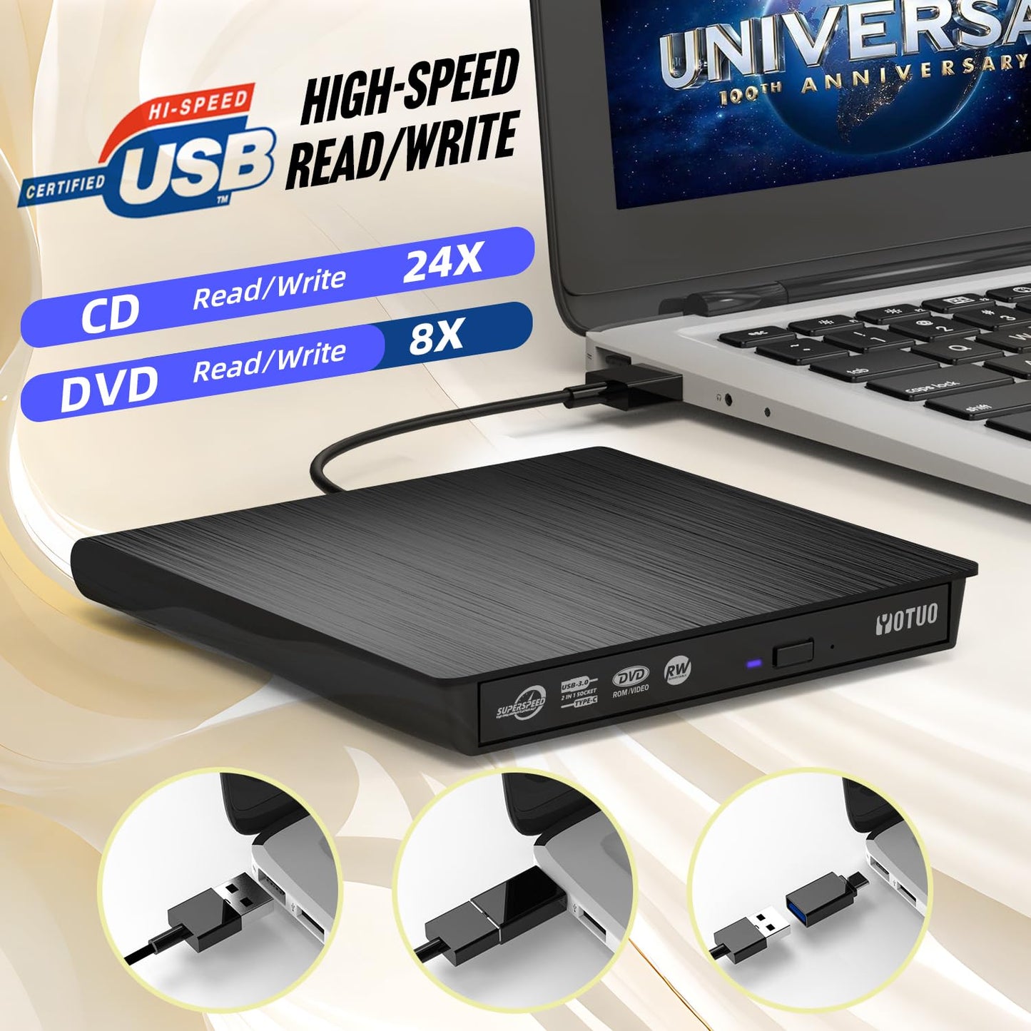 YOTUO External DVD Drive, Portable USB 3.0 CD +/-RW Drive DVD Player for ROM Rewriter Burner for Laptop Desktop, Compatible with Windows 7/8/10/11 Mac MacBook Pro/Air… (DVD Burner)