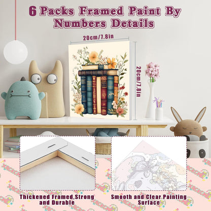 SYDYLH 6 Pack Framed Paint by Numbers for Adult, Books Easy Paint by Numbers with Frame, DIY Flowers Acrylic Adult Painting by Number Kits on Canvas for Gift Decor 8 x 8 Inch
