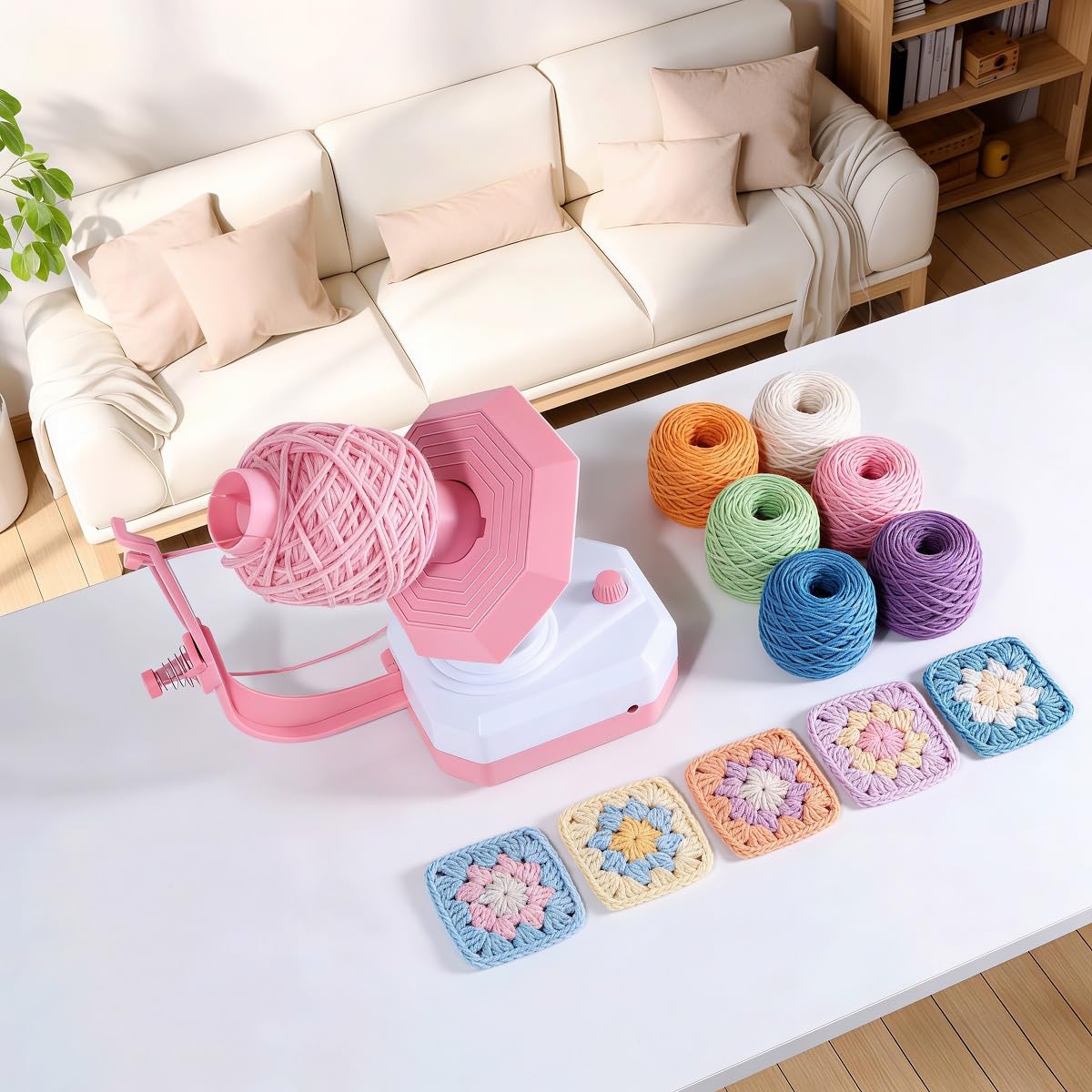 Electric Yarn Ball Winder, Pink and White, Automatic Tension Control with Stepless Speed, 7oz Capacity for Knitting and Crochet, USB Powered