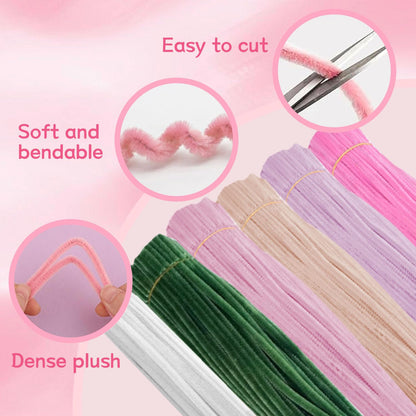 500 Pcs Pipe Cleaners Craft，Pipe Cleaner Bulk Flower Kit，6 Colors Chenille Stems Flower Kit for DIY Handmade Whit Ribbons，Stems,Tape，Stamens, Glue Sticks，Gift for Art Project Activity (Pink)