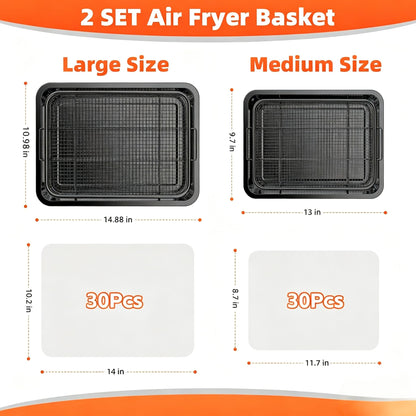 Air Fryer Basket for Oven, 2 Set Oven Air Fryer Basket and Tray with 60 PCS Parchment Papers, DEGOVIN Crisper Tray Non-stick Stainless Steel Air Fry Pans for Convection Oven(14.88" ×10.98"&13" × 9.7")