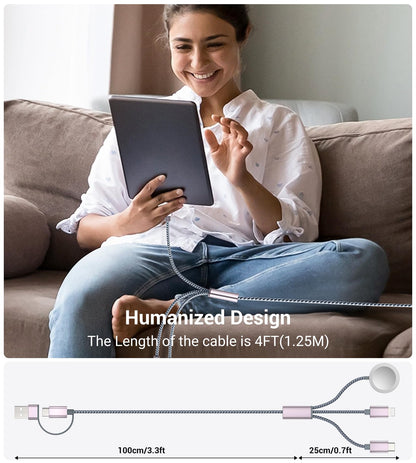 Temdan for Travel Vacation Essentials,3 in 2 USB C Cable for Apple Watch Charger/iPhone 17 Charger/Lightning,Multi Charging Cable Cord,Camping Essentials,Designed for iWatch &iPhone 16-12-5FT Purple