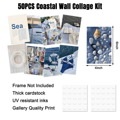 FYSUIMU 50Pcs Coastal Wall Collage Kit Art Print Aesthetic Blue Coastal Beach Surf Wall Decor for Bedroom Dorm Preppy Room Home Decor, 4 x 6 Inch