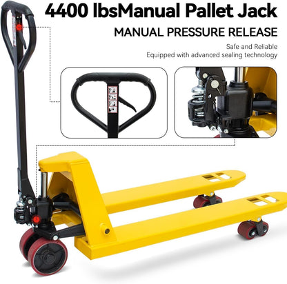 Fworkleft Manual Pallet Jack 4,400 LBS Capacity, 48" x 21" Heavy Duty Pallet Truck with Nylon Wheels, Industrial Hand Pallet Jack for Warehouse, Factory & Material Handling