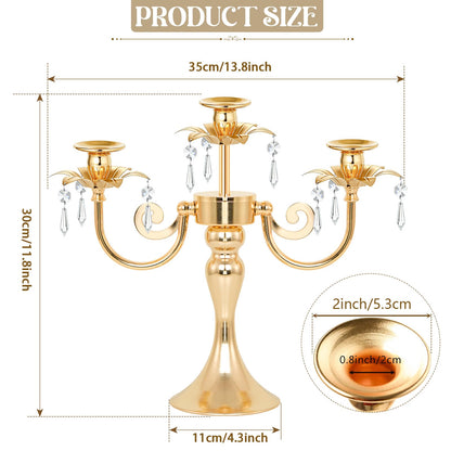 KEHAIL Metal 3 Arm Gold Candelabra with Crystal Pendants - 11.8 Inch Tall Candle Holders, Set of 6 - Elegant Taper Candlestick Stand for Wedding, Dining Table, Party Home Decoration