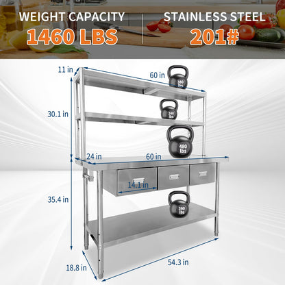 60" X 24" Stainless Steel Table with Drawers, NSF Work Table with Shelves & Paper Towel Holder, Metal Table Prep Table for Commercial Kitchen Restaurant Garage Warehouse