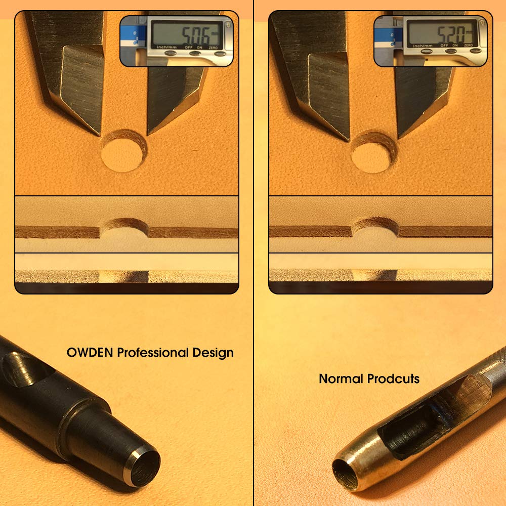 OWDEN Professional 6pc Leather Hollow Punch Set, Size 1.0-5.0mm, Black, Steel, Manual, 6 Holes, Free Mini Cutting Mat