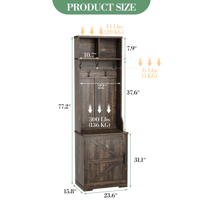 IDEALHOUSE Farmhouse Narrow Coat Rack with Shoe Storage, 23.6" Small Hall Tree with Bench, Entryway Coat Rack with 5 Hooks, 2 Cubbies & 1 Barn Door Cabinet for Entryway, Hallway, Mudroom, White/Brown