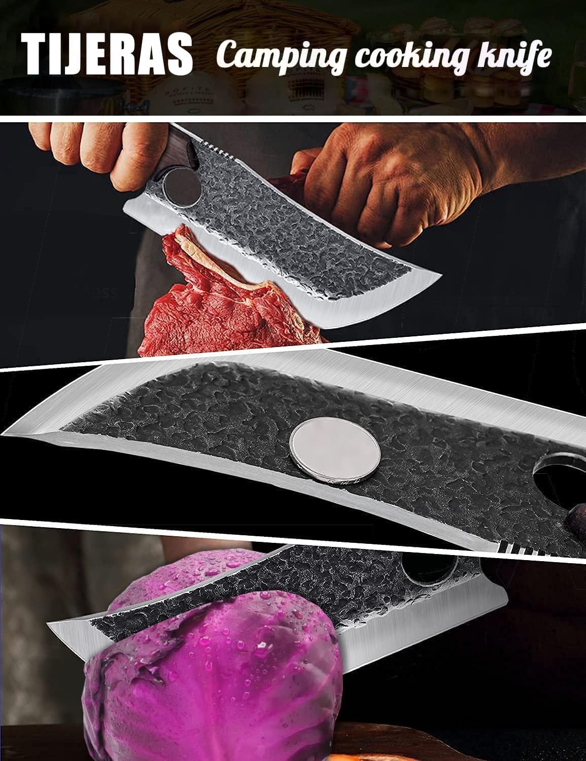 TIJERAS Butcher Knife for Meat Cutting, Japanese Hand Forged Meat Cleaver with Sheath, Full Tang Japanese Cleaver for Camping, BBQ, Birthday Gifts for Men Women