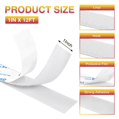 12Ft x 1 Inch Hook and Loop Tape, Heavy Duty Double-Sided Adhesive Strips, Strong Sticky Back Fastener, Cuttable Interlocking Tape Fasteners for Home, Office, Car, School & DIY Crafts (White)