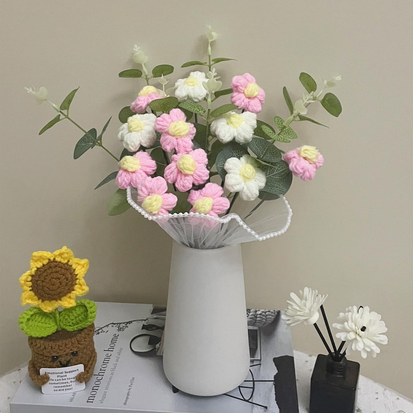 YUNBIAOSEN Completed Crochet Flowers Handmade Knitted Bouquet Crochet Bouquet Kit Knitted Fake Puff Flower, Gift for Mother Wife on Birthday Anniversary (Pink)
